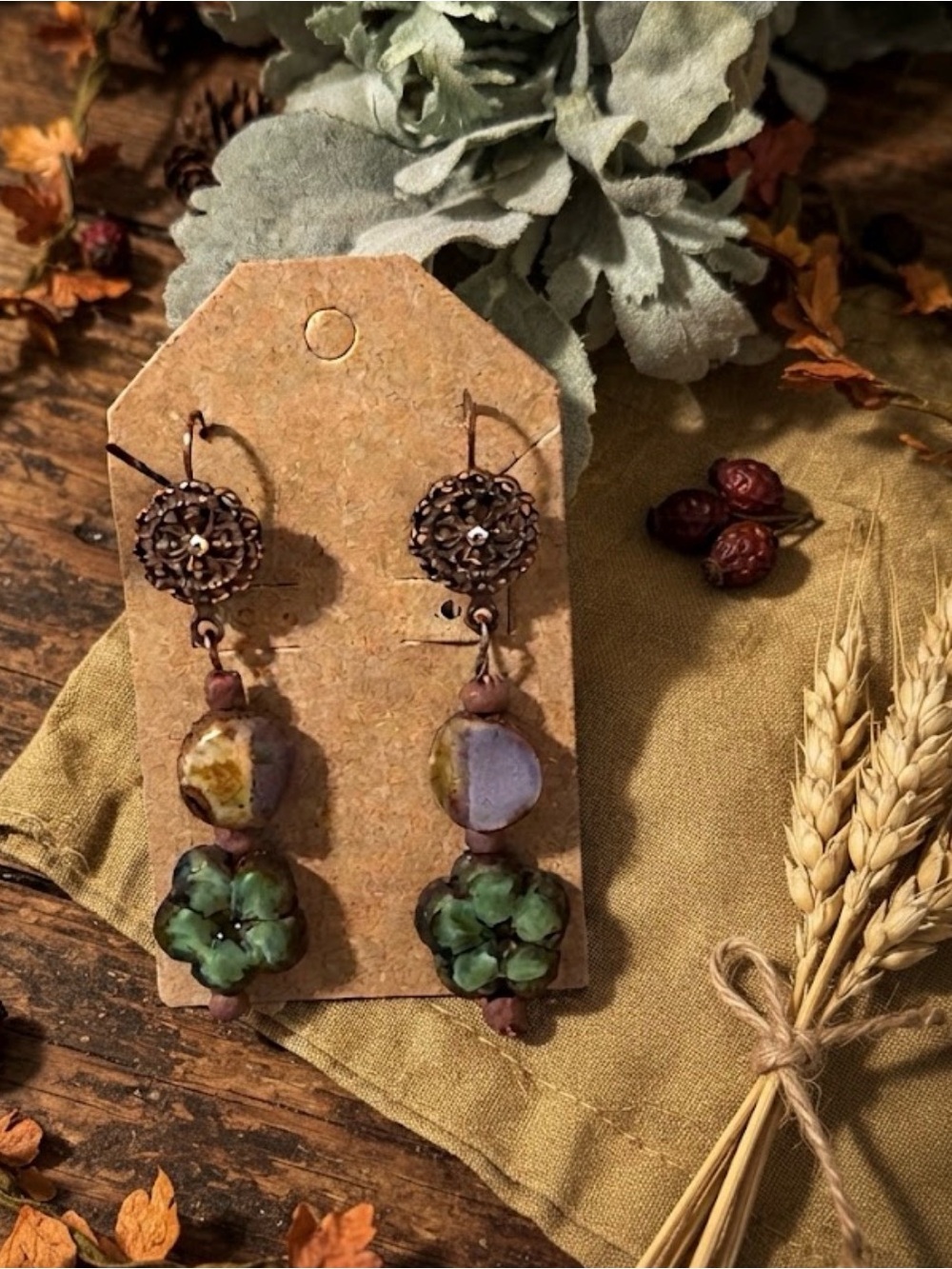 Handcrafted Green Floral Ceramic Drop Earrings - Women Jewelry